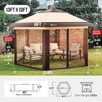 CROWN SHADES 13x13 Pop Up Gazebo with Mosquito Nettings, Patented Center Lock 6-Sided Portable Gazebo, 300D Silver-Coated Fabric UV Resistant, Pop Up Canopy Tent for Patio, Party, Beige&Coffee