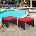 Tangkula 2 Pieces Patio Rattan Ottomans, All Weather Outdoor Footstool Footrest Seat with Soft Cushion, Hidden Zipper, High-Density Sponge, Wicker Ottoman Seat for Patio, Garden, Poolside (Red)