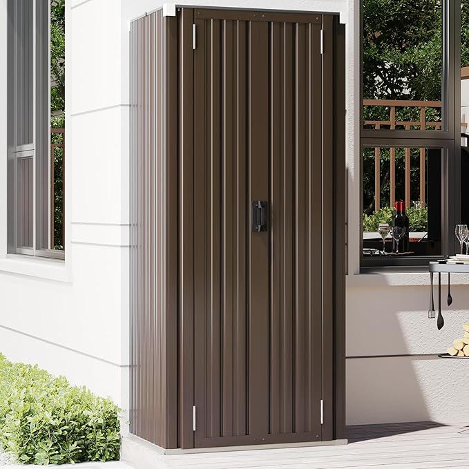 AECOJOY Outdoor Storage Cabinet Waterproof with Adjustable Shelves, Vertical Tall Garden Outdoor Cabinet, Sheds & Outdoor Storage Clearance Cabinet Weatherproof for Outside in Brown