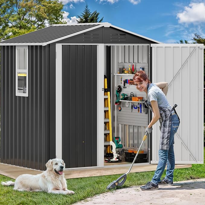 Storage Shed with Window, Lockable Doors and Sloped Roof, Gray and White