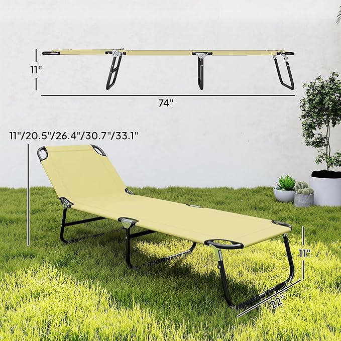Outsunny Folding Chaise Lounge Pool Chairs, Outdoor Sun Tanning Chairs with 5-Level Reclining Back, Steel Frame for Beach, Yard, Patio, Beige