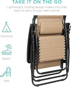 Best Choice Products Folding Zero Gravity Outdoor Recliner Patio Lounge Chair w/Adjustable Canopy Shade, Headrest, Side Accessory Tray, Textilene Mesh - Beige
