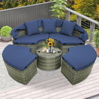 Tangkula Outdoor Round Daybed with Retractable Canopy, PE Wicker Sectional Seating Furniture with Cushions and Throw Pillows, Separates Cushioned Seats for Backyard, Poolside (Navy)