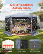 VEVOR Pop up Gazebo Screen Tent, 12 x 12 ft Large 6-Sided Camping Canopy Tent with Removable Top & Carry Bag, Quick-Set & Bite-Proof, Screen House Sun Shelter for 8-10 Persons Backyard Patio, Grey