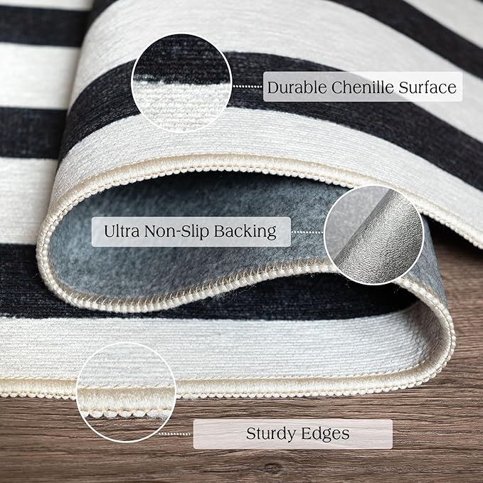 Outdoor Rug in Black and White Stripes, 2 x 3 ft Polyester