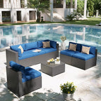 Aoxun Patio Furniture Set, 7 Piece Outdoor Sectional Sofas with Waterproof Cover, Wicker Rattan Outdoor Furniture Patio Conversation Set for Backyard, Garden Navy Blue