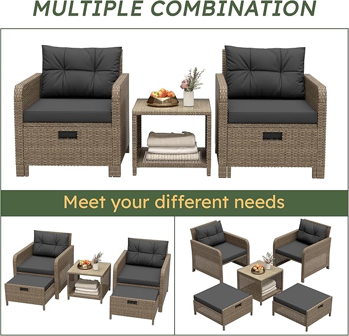 LHBcraft Balcony Furniture 5 Piece Patio Conversation Set, PE Wicker Rattan Outdoor Lounge Chairs with Soft Cushions 2 Ottoman-Glass Table for Porch
