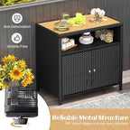 Tangkula Rattan Outdoor Storage Cabinet, Patiojoy Outdoor Cabinet with Acacia Wood Countertop, Open Compartment, 2-Door Wicker Sideboard, Outdoor Bar for Patio Garden Backyard Poolside (Black)