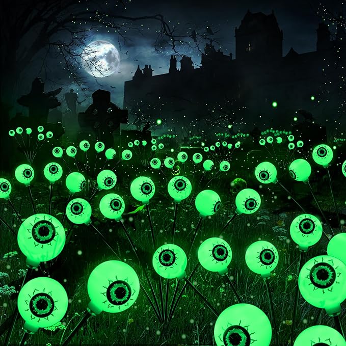 BrizLabs 6 Pack 36 LED Halloween Solar Eyeball Lights, 2 Modes Outdoor Halloween Pathway Lights, Green Solar Walkway Light Waterproof, Green Swaying Firefly Light for Outside Path Yard Garden Lawn