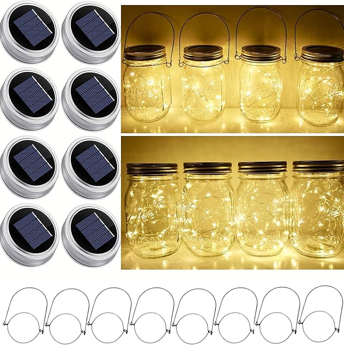 String Lights for Mason Jars, 8-Pack Solar Lid Lights, Warm White