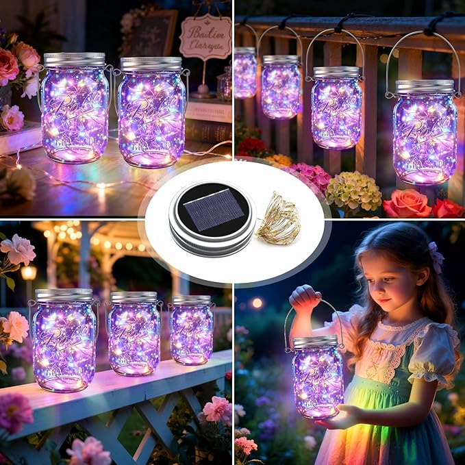 String Lights, Solar Mason Jar Hanging Lights, 12 Pack, Multicolor