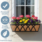 Window Deck Railing Planters Boxes with Coconut Liner, The Bottom Flat Window Boxes Planters Flower Boxes Metal Black Balcony Planter Railing Hanging for Outdoor Fence Porch Patio Lawn(4Pcs 24 Inch)