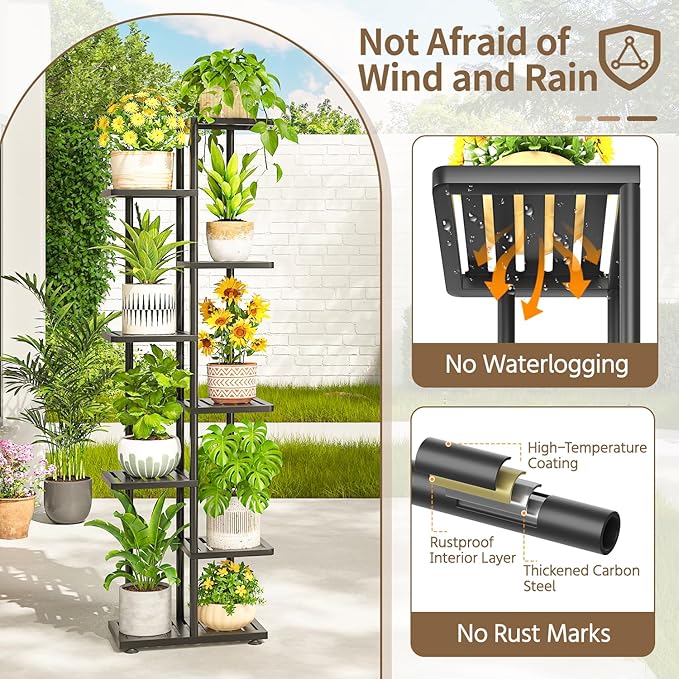 LASZOLA 7 Tier Plant Stand Indoors Outdoors for Large Heavy Duty Planter, Black Metal Tall Flower Holder Rack with Multiple Shelf for Modern Patio Corner, Vertical Organizer, Weather Resistant Bracket