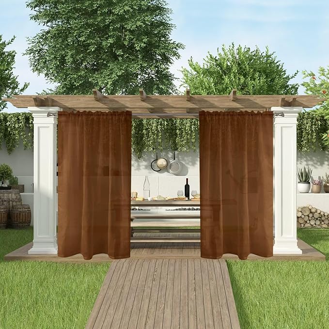 SpaceDresser Waterproof Outdoor Sheer Curtains for Patio - 2 Panels Rod Pocket Indoor Voile Sheer Curtain for Living Room,52W x 108L inch, Brown