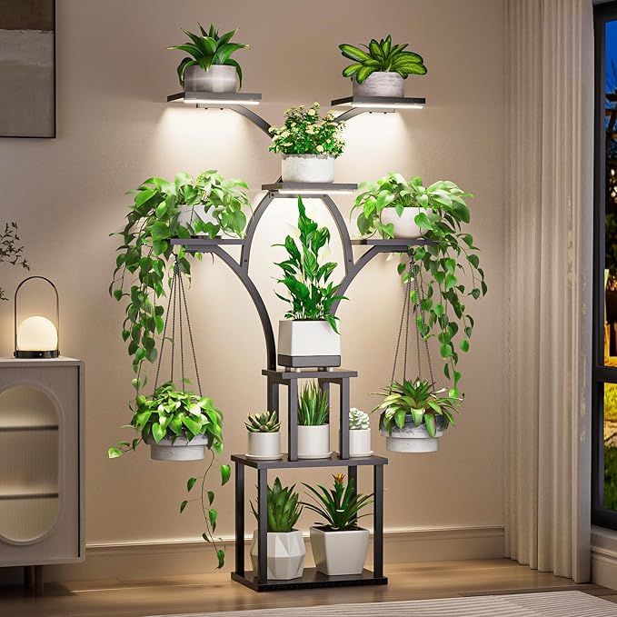 Elbourn Plant Stand Indoor with Grow Lights - 60" Tall Metal Plant Shelf for Multiple Plants, 8 Tiered Corner Plant Stands for Indoor Plants, X - Shaped Decorative Rack for Home, Living Room & Patio Decor (Black)