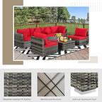 Tangkula 7 Pieces Wicker Patio Furniture Set, All-Weather Outdoor Rattan Sectional Sofa Set with Cushions & Tempered Glass Coffee Table, Outside Sofa Set for Garden, Lawn, Deck, Backyard (Red)