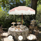 AMMSUN Boho Fringe Umbrella Outdoor Patio, 6.5ft UPF50+ Picnic Umbrella with Tassels with Steel Pole and Push Button Tilt, Pink Stripe