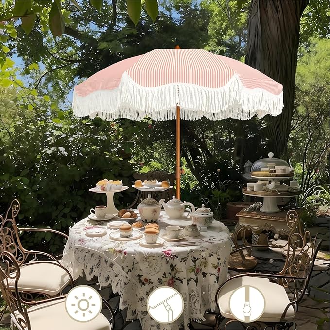 AMMSUN Boho Fringe Umbrella Outdoor Patio, 6.5ft UPF50+ Picnic Umbrella with Tassels with Steel Pole and Push Button Tilt, Pink Stripe