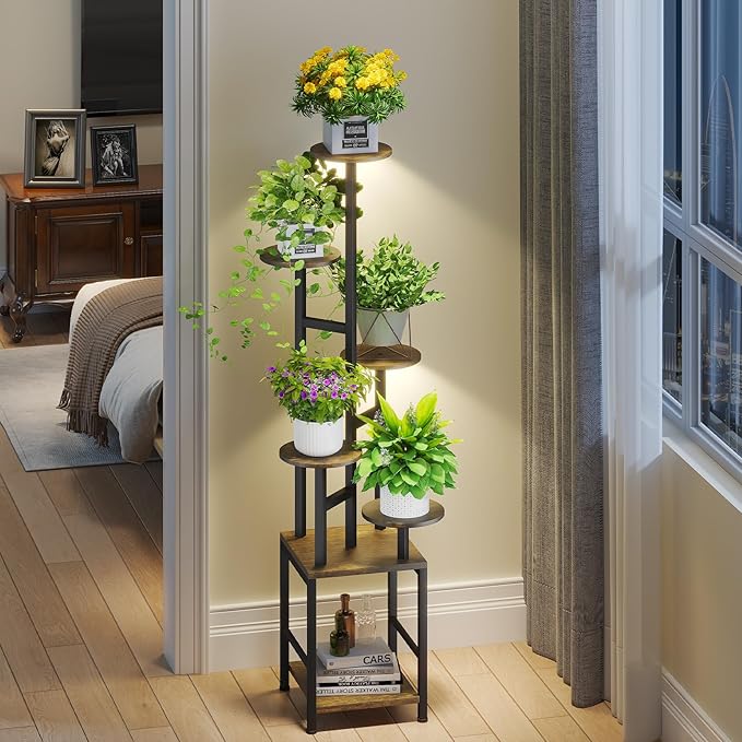 Plant Stand Indoor with Grow Light,6-Tiered Tall Plant Stand Indoor, Metal Plant Shelf with Adjustable Light, Ideal for Living Room, Garden, Patio (Black Brown)