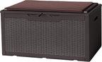 Flamaker Deck Box with Cushion 100 Gallon Waterproof Resin Storage Box with Air Rod Indoor Outdoor Lockable Storage Bench for Patio Furniture, Tools, Pool Accessories (Deep Brown)