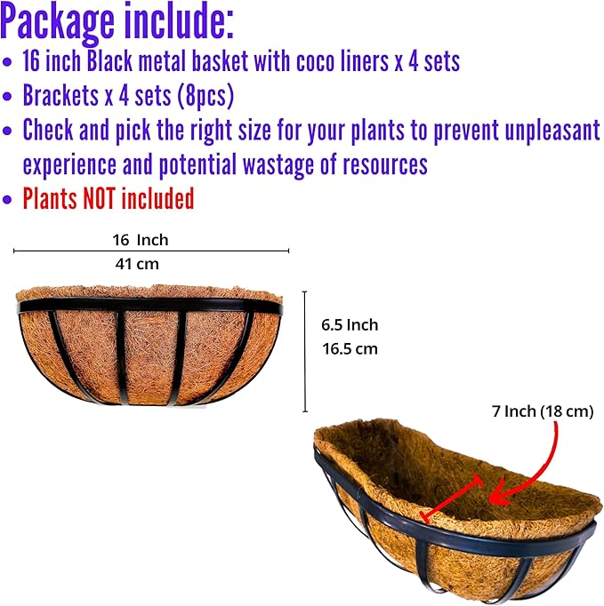 LaLaGreen Deck Railing Planter Boxes (16 Inch, 4 Pack) Black Metal Rectangular Hanging Planters with Coco Liner, Adjustable Flower Planter Box Brackets for Plants Fence Balcony Patio Porch Over Rail