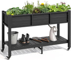 YITAHOME Raised Garden Bed HDPE, 47x18x31In Raised Flower Bed Poly-Wood Weather-Resistant Elevated Planter Box with Lockable Wheels & Storage Shelf for Vegetable Flower, Black