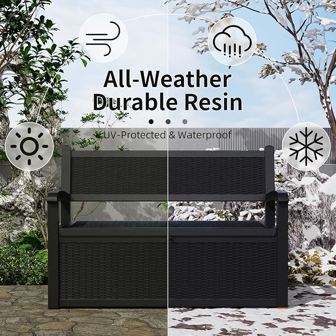 80 Gallon Outdoor Storage Bench Deck Box Waterproof Lockable,Outdoor Storage Furniture for Patio,Garden and Porch,Tools and Cushions（ Black）