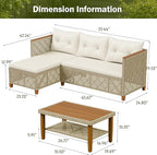 Devoko Patio Furniture Set 3 Piece Outdoor Sectional Sofa Hollow Rattan Patio Seating Sofa with Coffee Table & Ottoman for Deck, Porch, Poolside