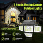 3000LM Solar Lights Outdoor with Motion Sensor,4 Head 270° Wide Angle Street Area Lights,IP65 Waterproof Security Lighting with 3 Modes(Remote,2 Pcs)