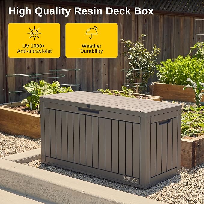EAST OAK Outdoor Storage Box, 60 Gallon Deck Box Indoor and Outdoor Use, Waterproof Resin Storage Bin for Patio Cushions, Gardening Tools, Lockable, UV Resistant, Grey