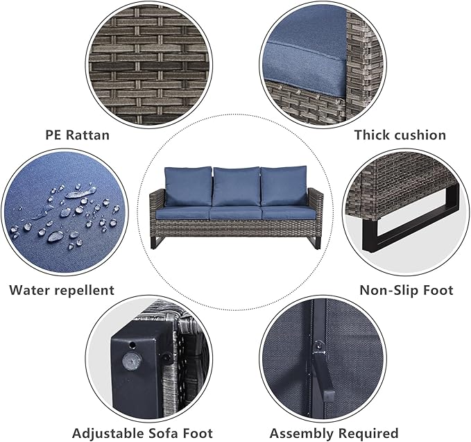 Belord 7 Piece Outdoor Furniture Patio Wicker Sofa Set, Oversize Outdoor Dining Chairs with Rattan Ottomans, Conversation Sets Patio Furniture Come with Removable Washable Cushion Blue