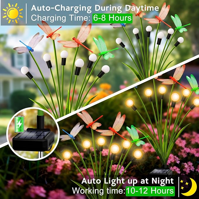 Solar Garden Lights Outdoor - 6 Pack Dragonfly Solar Swaying Light, Sway by Wind, Firefly Lights Outdoor Yard Patio Pathway Decoration, Big Bulb, High Flexibility Iron Wire & Realistic Dragonflies