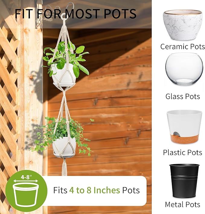 Macrame Plant Hanger - Fits 4 to 8 inches Pots for Indoor Outdoor, 49 Inch, Set of 2, Ivory (POTS NOT Included)