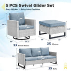 Belord Wicker Patio Furniture 5 Piece Outdoor Sofa Set, Oversize Outdoor Swivel Rocker Chairs with Rattan Ottomans, Conversation Sets Patio Furniture Come with Removable Cushion Baby Blue, Light Grey