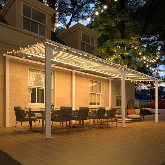 AECOJOY 20' x 10' White Gazebo Outdoor Pergola for Patio, 10x20 Large Wall-Mounted Hard Top Lean to Metal Gazebo Shelter Pergolas and Gazebos Clearance with Patio Roof, Heavy Duty Awnings for Backyard