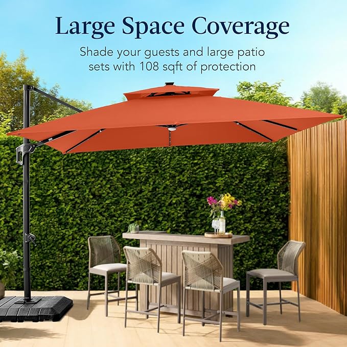 Best Choice Products 9x12ft LED Cantilever Patio Umbrella w/Base Included & 360° Rotation, Large Solar Offset Hanging Outdoor Sun Shade for Deck, Backyard Table w/Stand & Lights – Rust