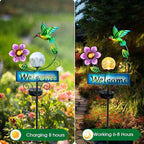 Outdoor Solar Garden Lights with Welcome Sign, Hummingbird Ornament Metal Stake Lights for Lawn, Patio, Cracked Glass Balls (Hummingbird)