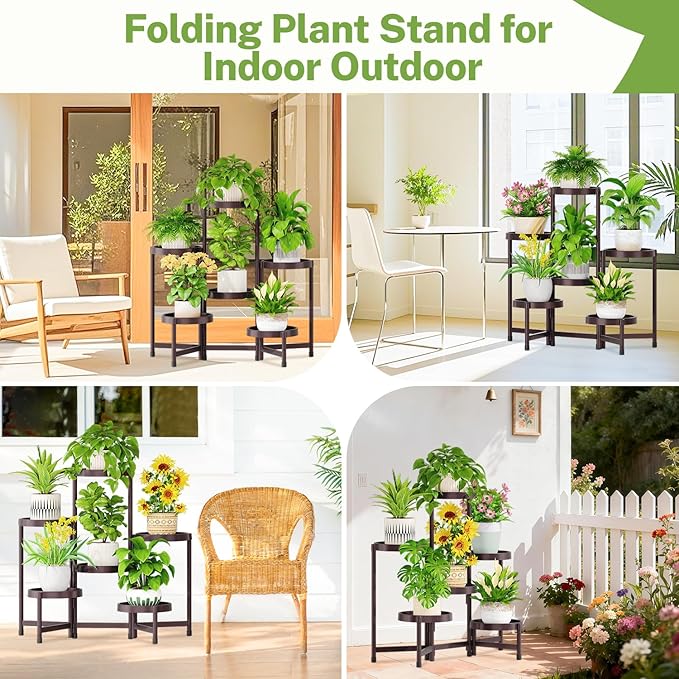 iDavosic.ly 6 Tier Folding Plant Stand Indoor Outdoor with Plastic Tray, Tiered Corner Flower Holder Shelf, Metal Orchid Display Rack for Patio Porch Living Room Garden Balcony, Bronze