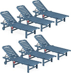 SERWALL Outdoor Chaise Lounge Set of 6, HDPE Pool Lounge Chair with 5-Position Adjustable Backrest, Patio Lounger with Rolling Wheels & Cup Holder for Pool, Navy