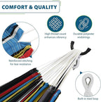 Vivere Double Cotton Hammock with Space Saving Steel Stand, Upgraded Polyester End Strings 450 lb Capacity - Premium Carry Bag Included - (Rio Night)