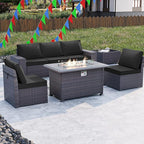 Kullavik 7 Pieces Outdoor Patio Furniture Set with 43" 55000BTU Gas Propane Fire Pit Table PE Wicker Rattan Sectional Sofa Patio Conversation Sets,Black