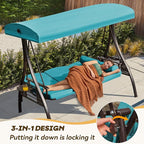 3 in 1 Outdoor Porch Swing with Adjustable Canopy, 3 Seat Outdoor Swing for Adults, Patio Swing Chair with Thickened Cushions,Pillows & Cup Holders for Backyard, Porch, Garden (Lake Blue)
