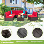 Vongrasig 7 Pieces Patio Furniture Sets, Outdoor All-Weather Wicker Patio Conversation Sets, L-Shaped Rattan Sectional Patio Sofa with Glass Table for Backyard, Red