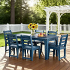 HDPE Patio Dining Set for 6, Weather-Resistant Outdoor Table with Umbrella Hole, Never Sagging One-Piece Tabletop with Metal Support Bars for Poolside Backyard Garden (Blue)