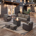 Belord 7 Pieces Patio Furniture Set with Fire Pit Table: Wicker Patio Conversation Set with Outdoor Swivel Glider Rocker Patio Couch Metal Side Table, All Weather Brown Rattan