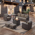 Belord 7 Pieces Patio Furniture Set with Fire Pit Table: Wicker Patio Conversation Set with Outdoor Swivel Glider Rocker Patio Couch Metal Side Table, All Weather Brown Rattan
