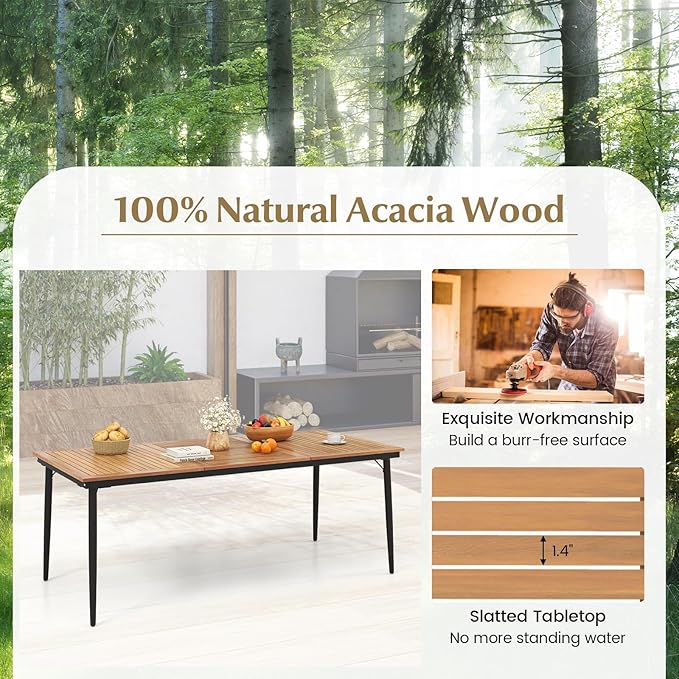 Tangkula 79" Acacia Wood Outdoor Dining Table for 8, Large Rectangular Patio Table with 1.9" Umbrella Hole, Metal Frame & Foot Pads, 8-Person Outside Table for Garden, Poolside & Backyard