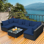 Tangkula 7-Piece Patio Furniture Set, Outdoor Sectional Wicker Sofa with Pillows and Cushions, Conversation Set with Coffee Table & Tea Table for Garden, Lawn (Navy Blue)
