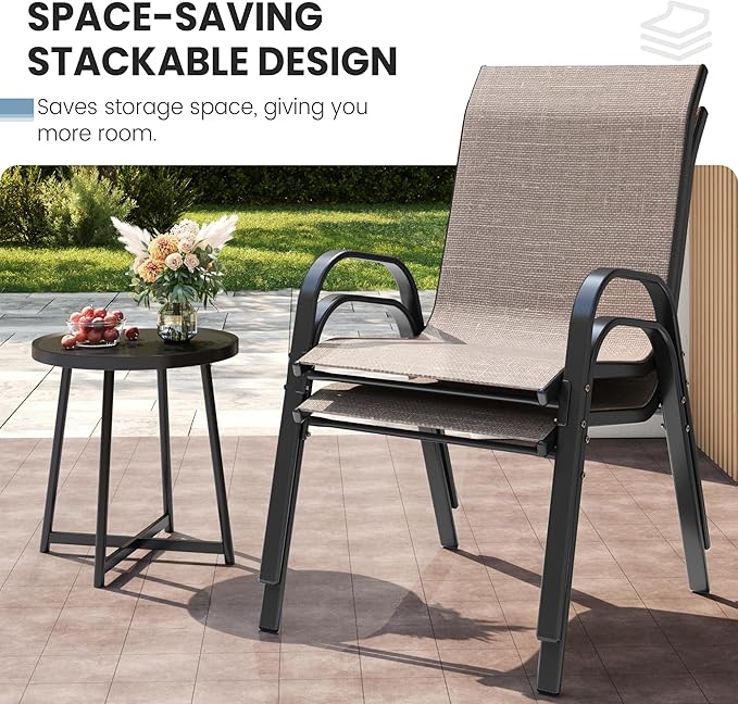 Patio Dining Chairs Set of 2, Outdoor Stackable Chairs, Breathable Seat and Alloy Steel Frame Fit for Backyard,Garden,Porch, Lawn，Poolside (Light Brown)