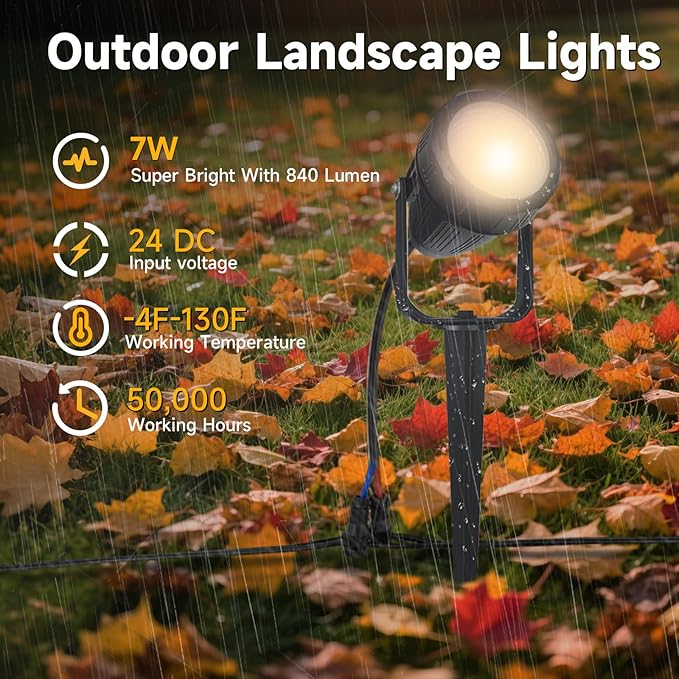 Low Voltage Safety Landscape Lights Outdoor: 7W 840LM LED Landscape Lighting with Connectors & Transformer for Tree Garden Yard Pathway | 24V Warm Yellow 3000K Spotlights | IP65 Waterproof | 24 Pack
